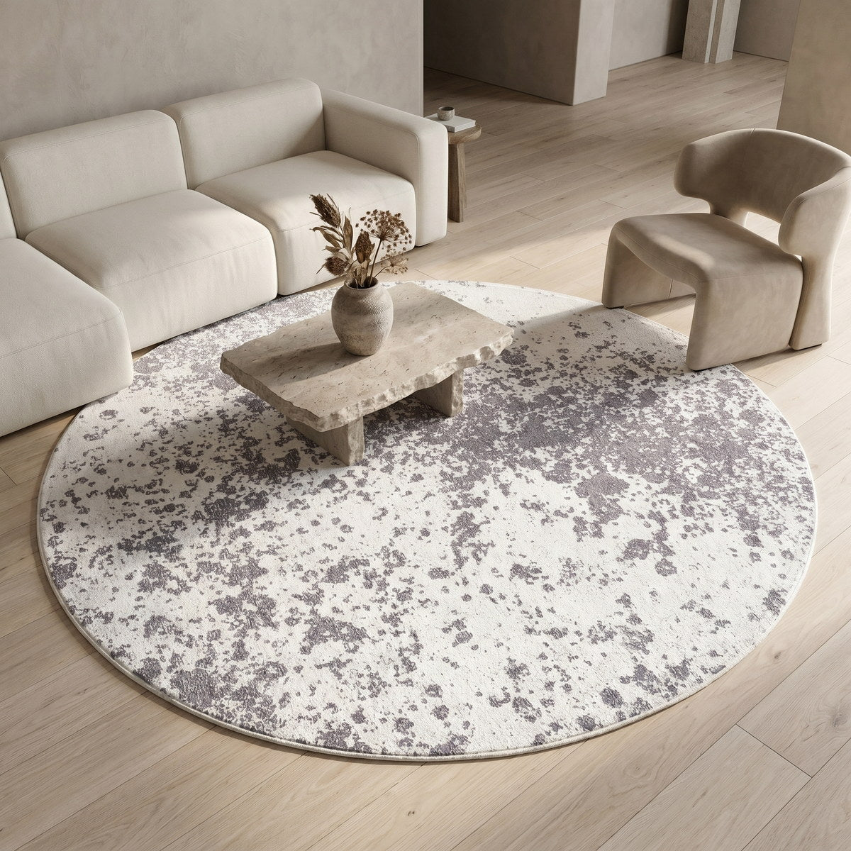 Tapis rond lavable moderne gris clair - Spoleto - ambiance salon 2
