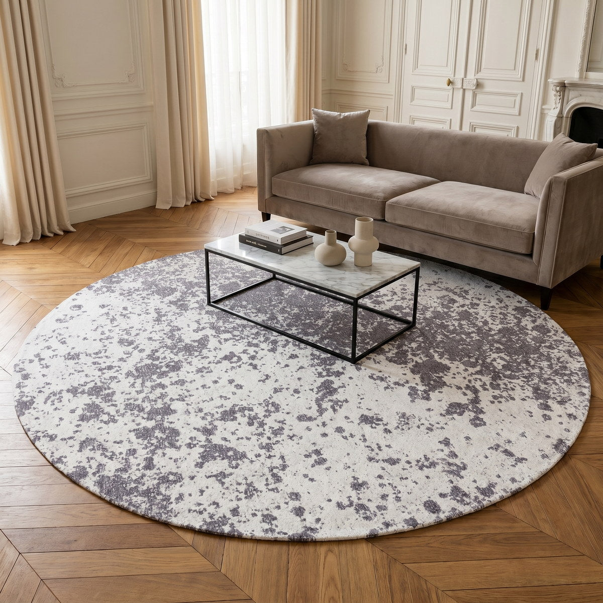 Tapis rond lavable moderne gris clair - Spoleto - ambiance salon 3